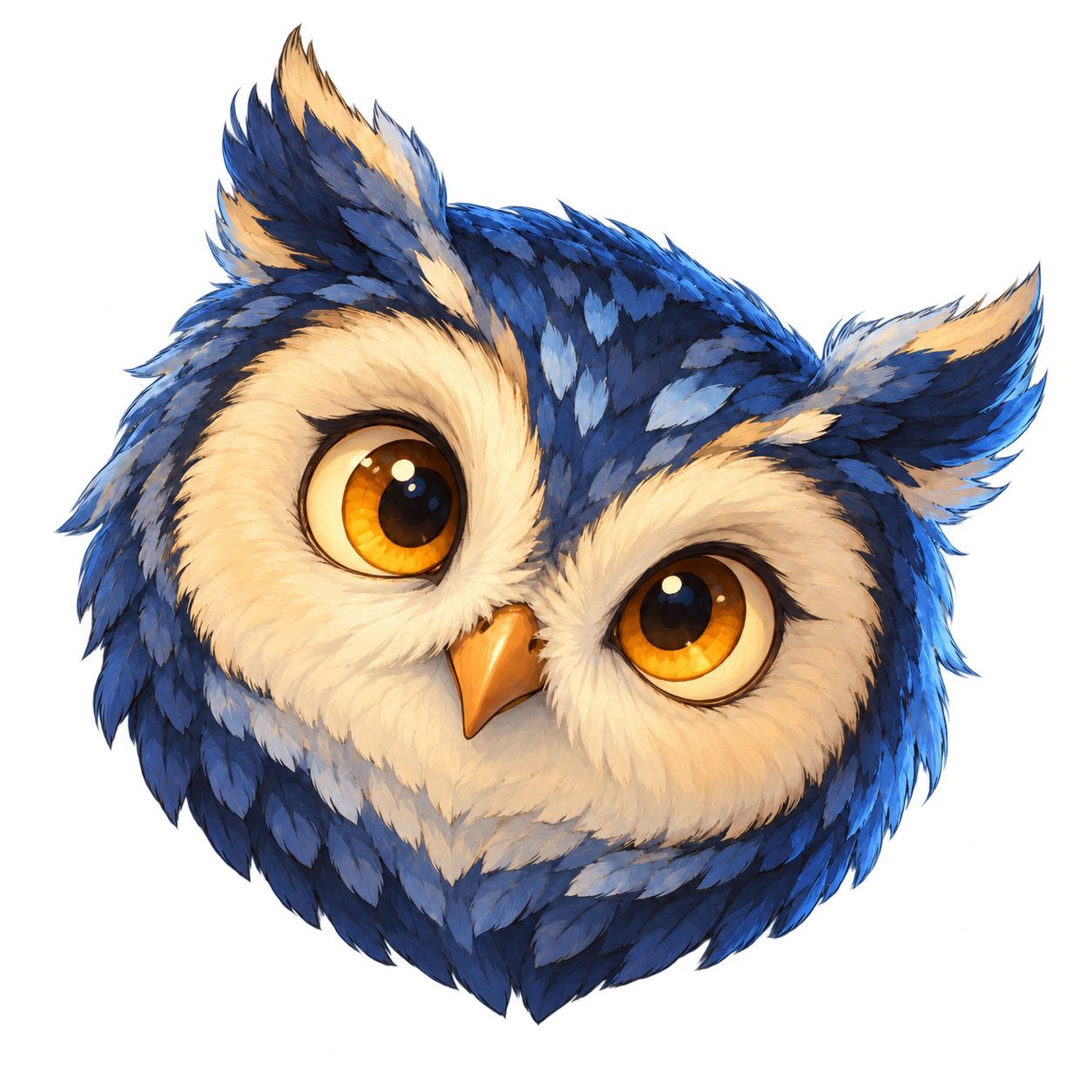 Curious blue owl with amber eyes